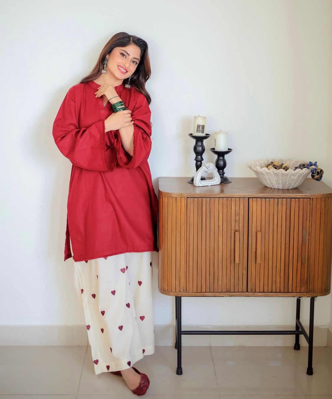 Heart Printed Flapper with V Neck Style Shirt with sequence lace work/heart trouser cordset