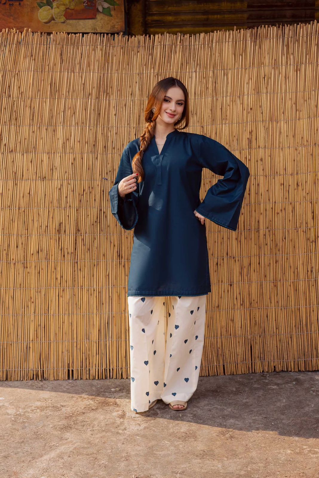 Heart Printed Flapper with V Neck Style Shirt with sequence lace work/heart trouser cordset