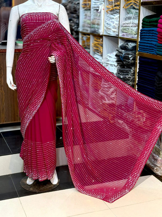 Premium Chiffon Saree with Korean Stone Work Chiffon Saree, Korean Stone Work, Pakistani Party Wear, Formal Ethnic Wear, Designer Unstitched Saree