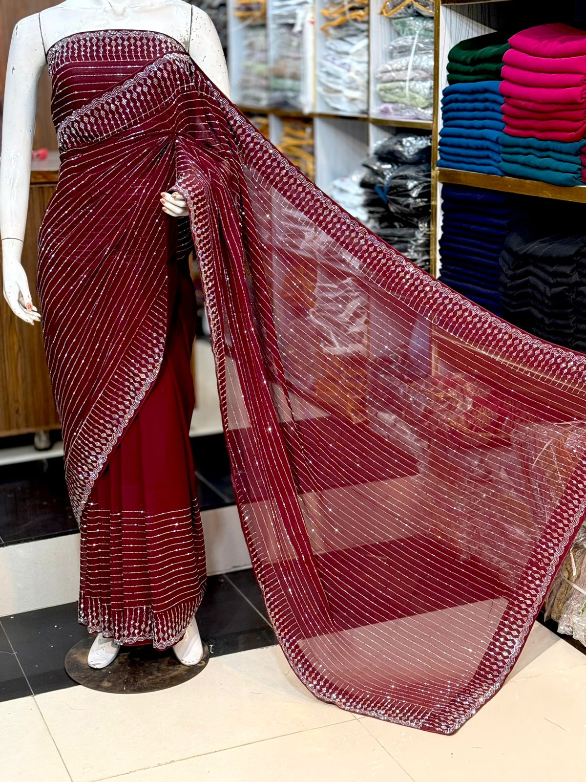 Premium Chiffon Saree with Korean Stone Work Chiffon Saree, Korean Stone Work, Pakistani Party Wear, Formal Ethnic Wear, Designer Unstitched Saree