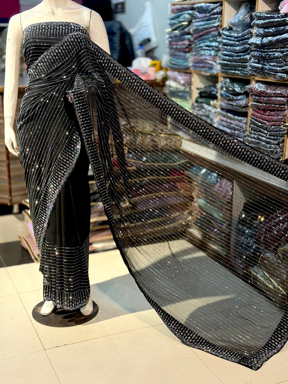 Premium Chiffon Saree with Korean Stone Work Chiffon Saree, Korean Stone Work, Pakistani Party Wear, Formal Ethnic Wear, Designer Unstitched Saree