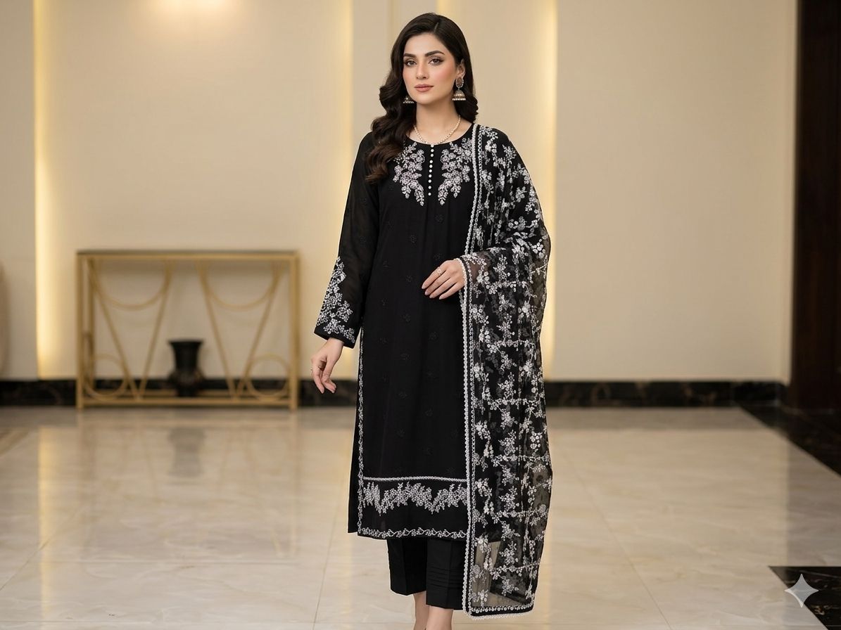 Pure Chiffon Embroidered 3-Piece Fancy Suit