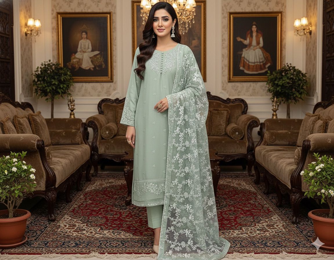 Pure Chiffon Embroidered 3-Piece Fancy Suit