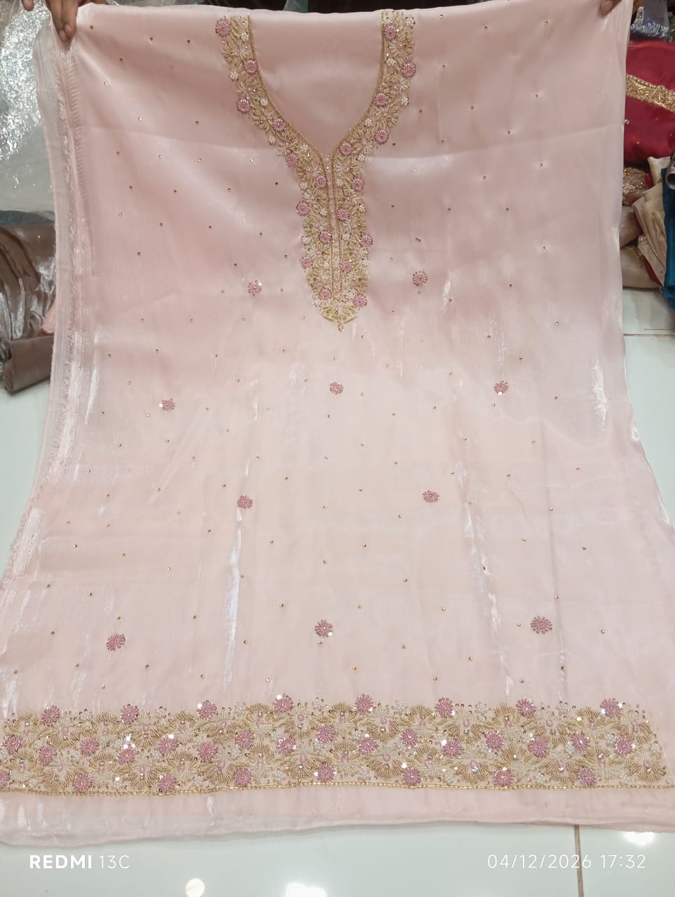 Pure Silk, Kora Dabka Work, Hand-embroidery, 3-Piece Suit