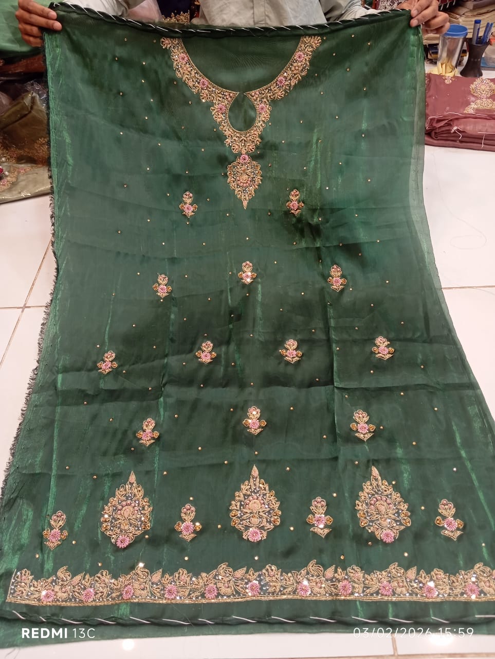 Pure Silk, Kora Dabka Work, Hand-embroidery, 3-Piece Suit