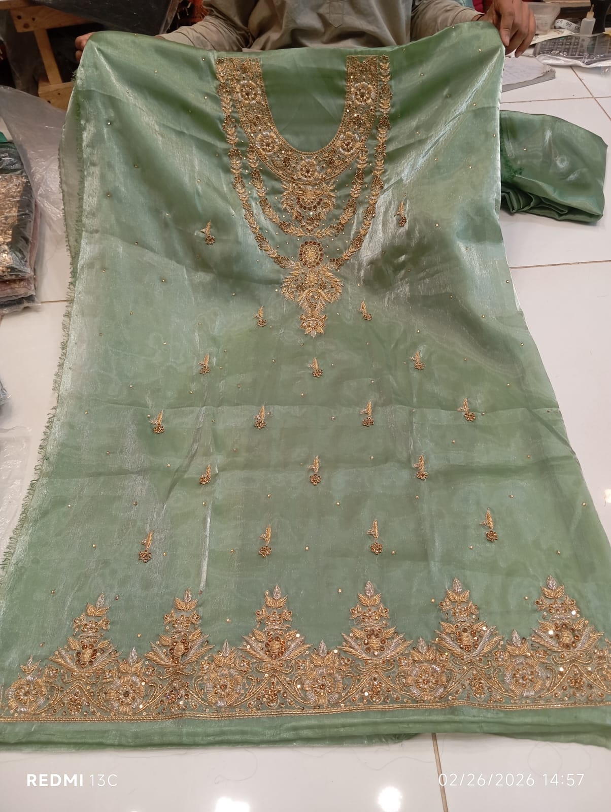 Pure Silk, Kora Dabka Work, Hand-embroidery, 3-Piece Suit