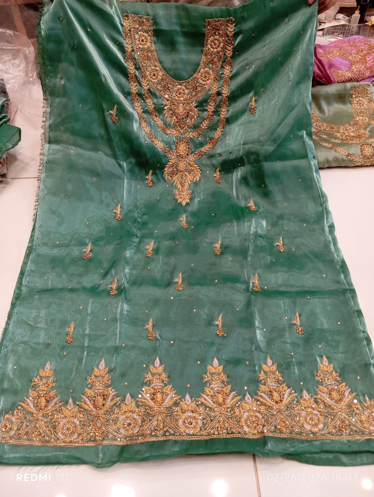 Pure Silk, Kora Dabka Work, Hand-embroidery, 3-Piece Suit