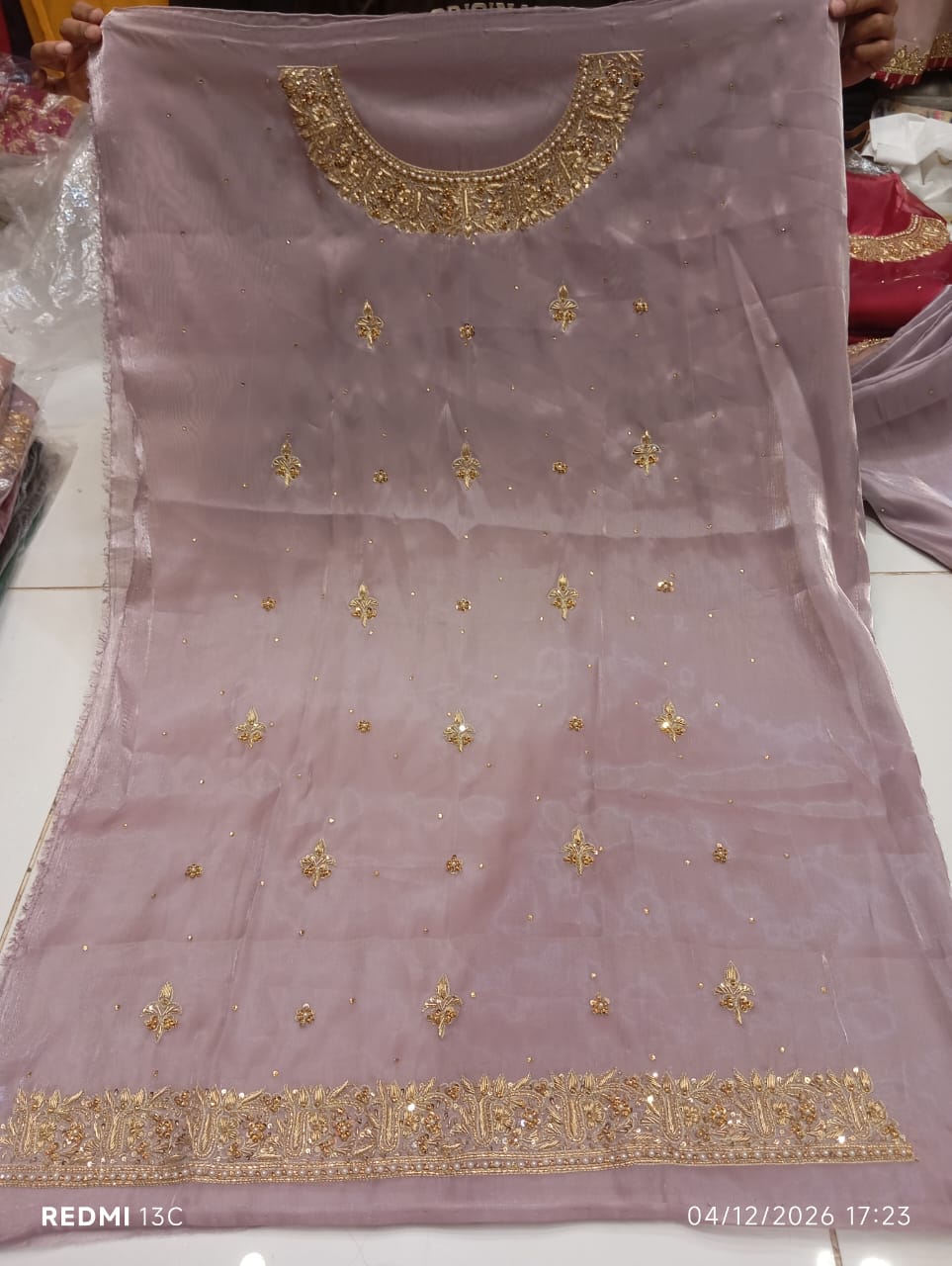 Pure Silk, Kora Dabka Work, Hand-embroidery, 3-Piece Suit