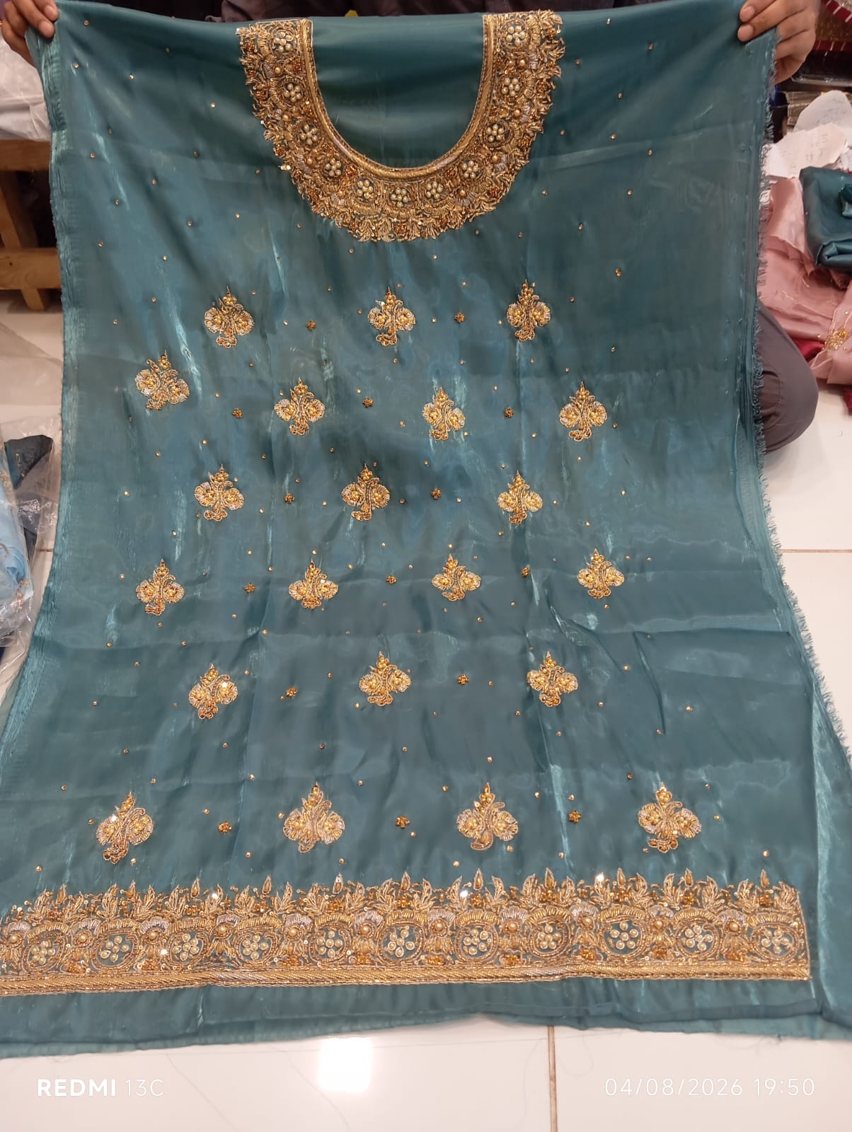 Pure Silk, Kora Dabka Work, Hand-embroidery, 3-Piece Suit