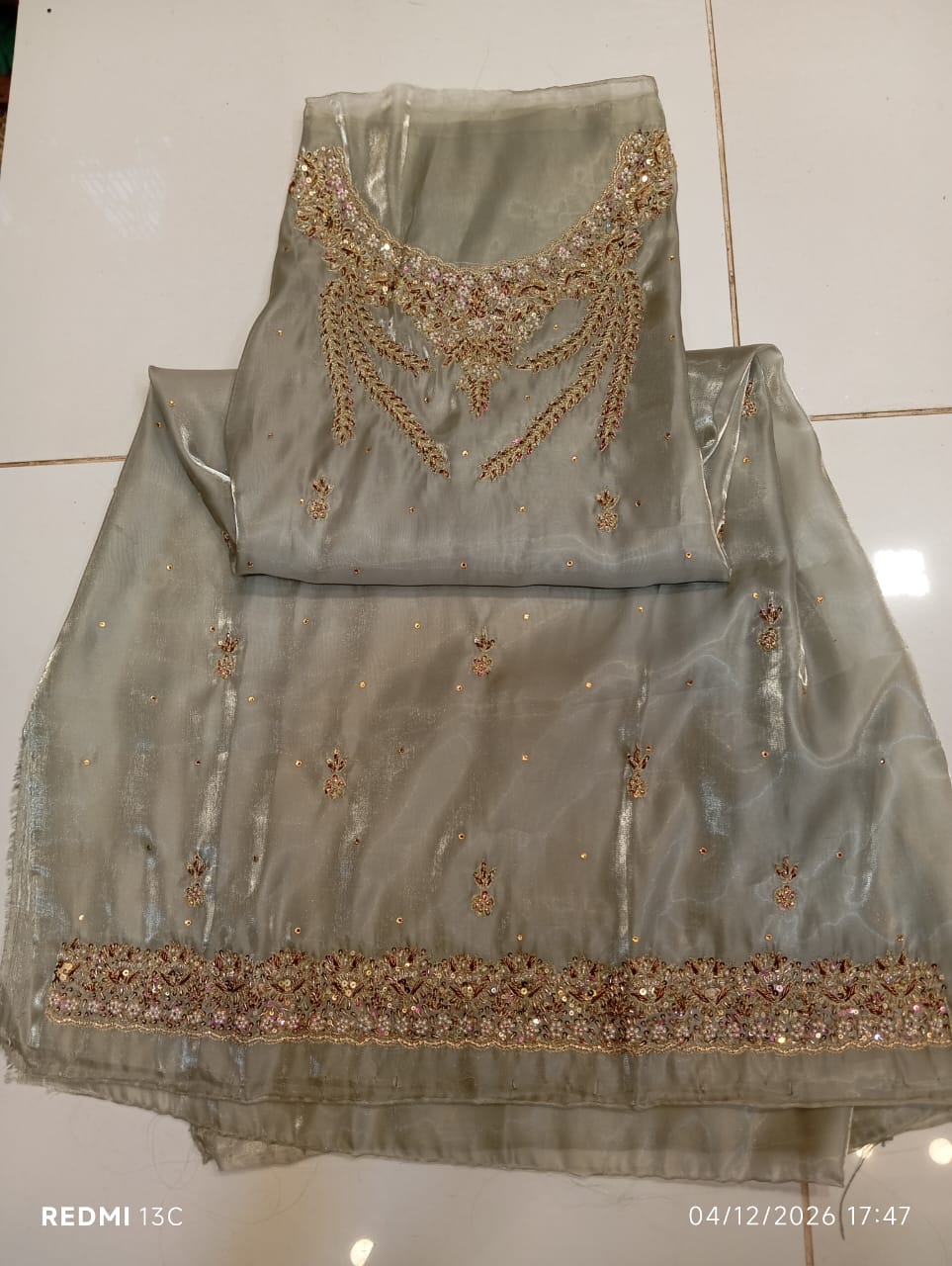 Pure Silk, Kora Dabka Work, Hand-embroidery, 3-Piece Suit