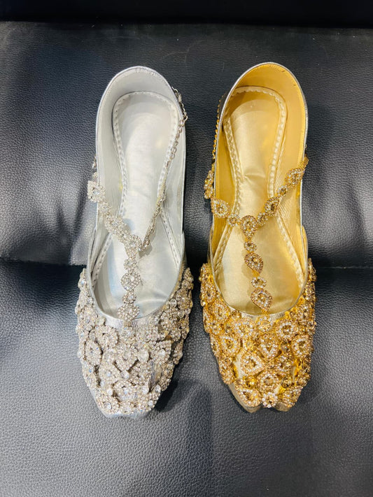 Pakistani footwear, Luxury Khussa, Stone-work Khussa, Comfortable bridal shoes.